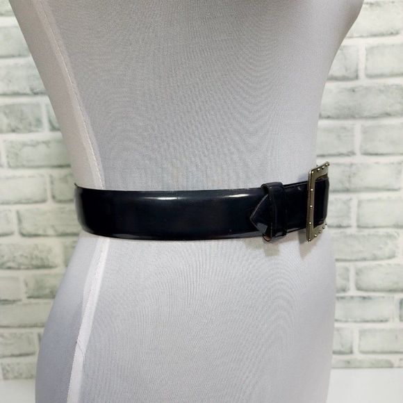 Vintage 80s 90s Linea Pelle Smooth Dark Blue Leather Belt Studded Buckle - Picture 5 of 10